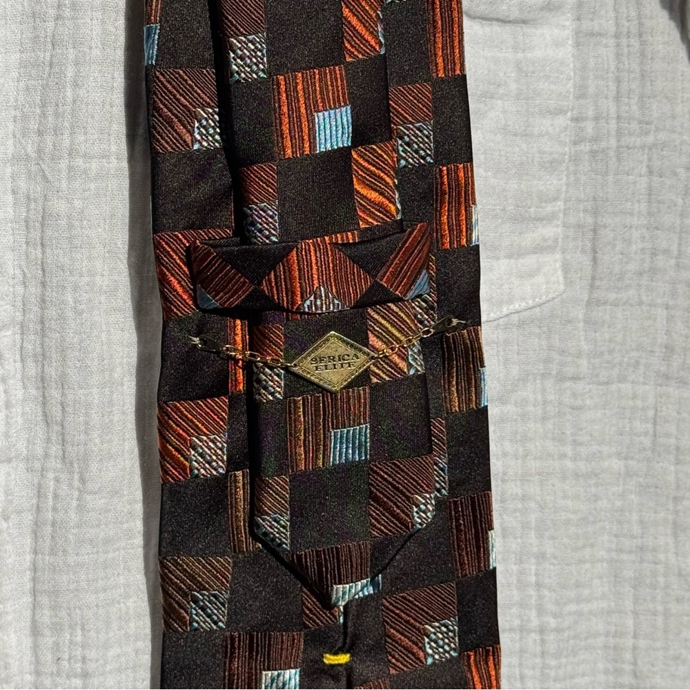 Serica Elite 100% Silk Tie Made in Italy Geometric Checkered Black Brown Necktie